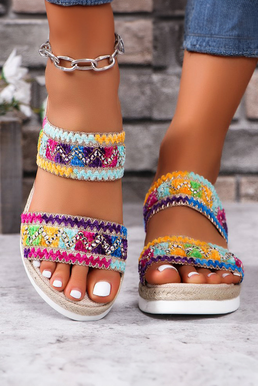 Multicolor Sequin Woven Wide Strap Wedge Shoes