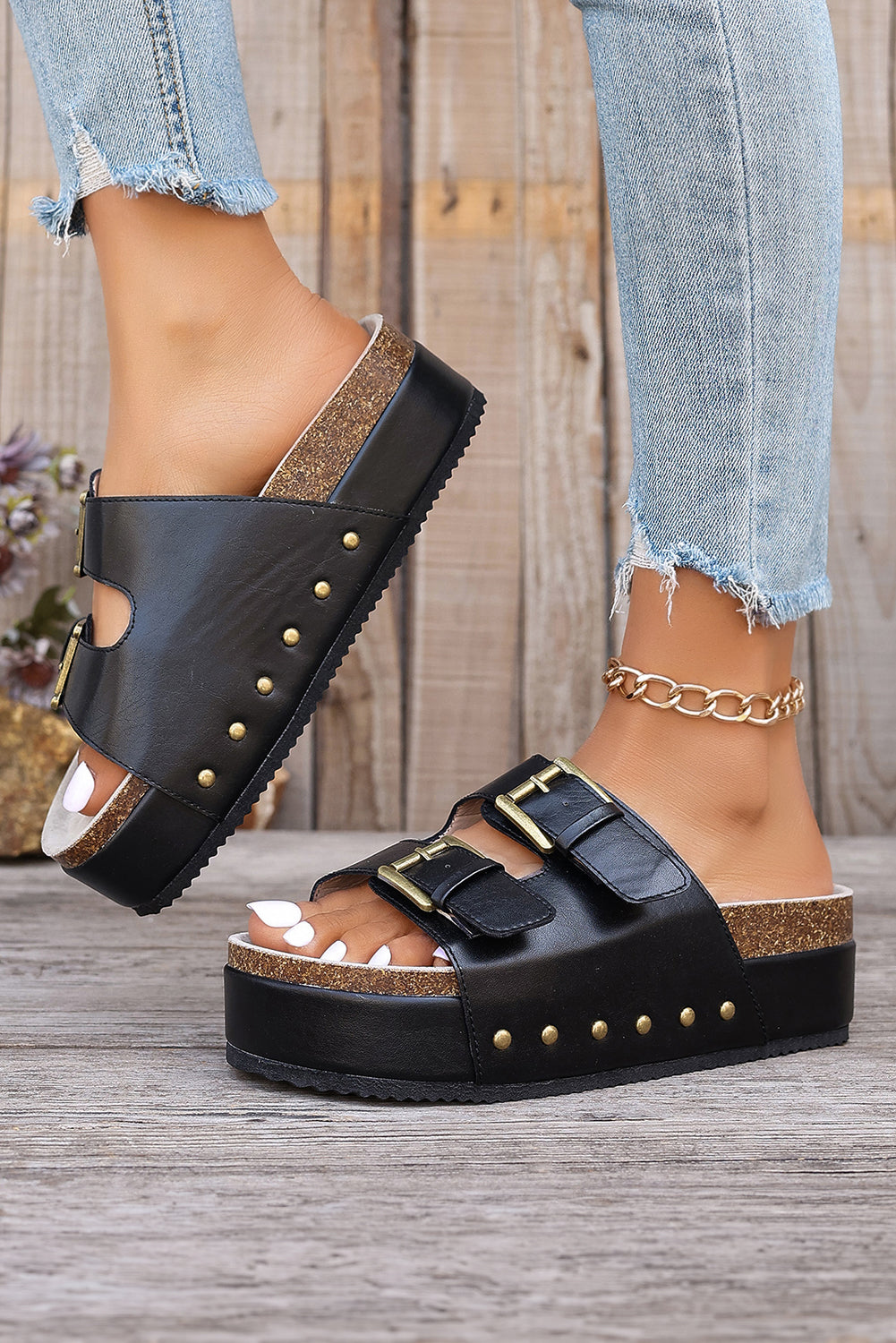 Ginger Dual Buckle Studded Platform Slides