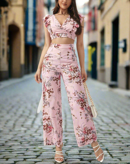 Mona Printed Surplice Cap Sleeve Top and Pants Set