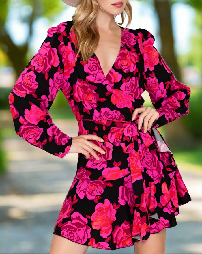 Rudy Floral Print Surplice Neck Long Sleeve Dress