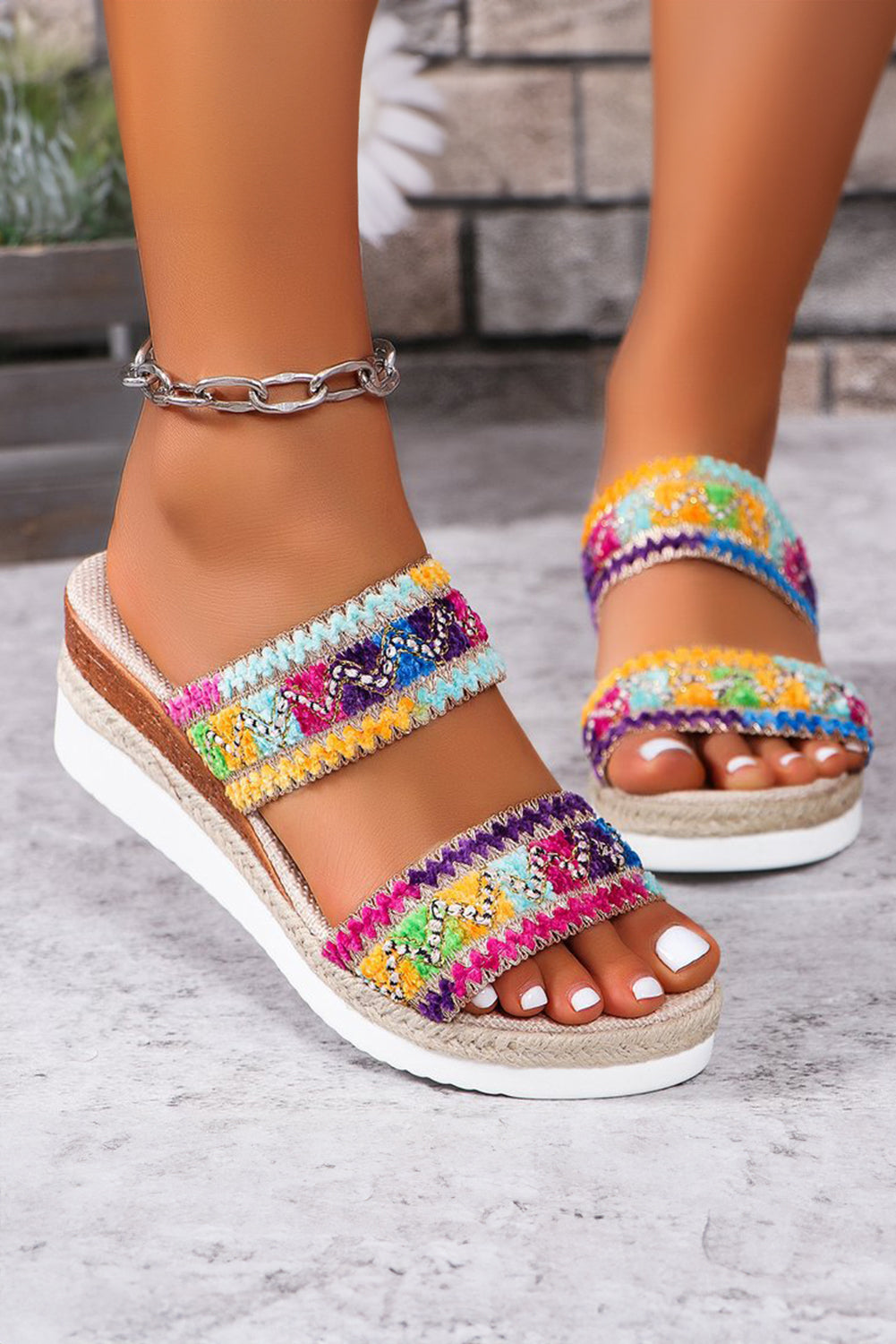 Multicolor Sequin Woven Wide Strap Wedge Shoes