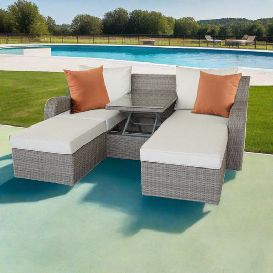 3 Piece Gray Wicker Patio Sectional And Ottoman Set