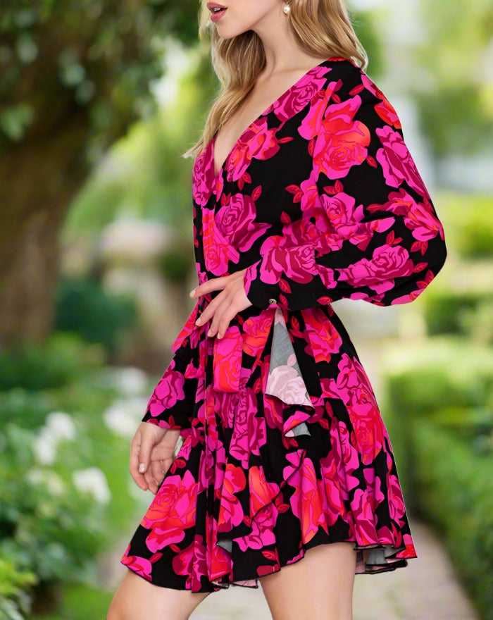 Rudy Floral Print Surplice Neck Long Sleeve Dress