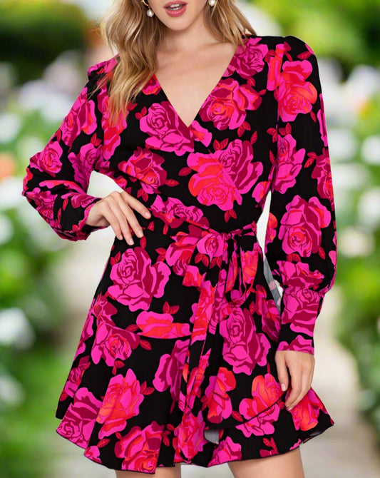 Rudy Floral Print Surplice Neck Long Sleeve Dress