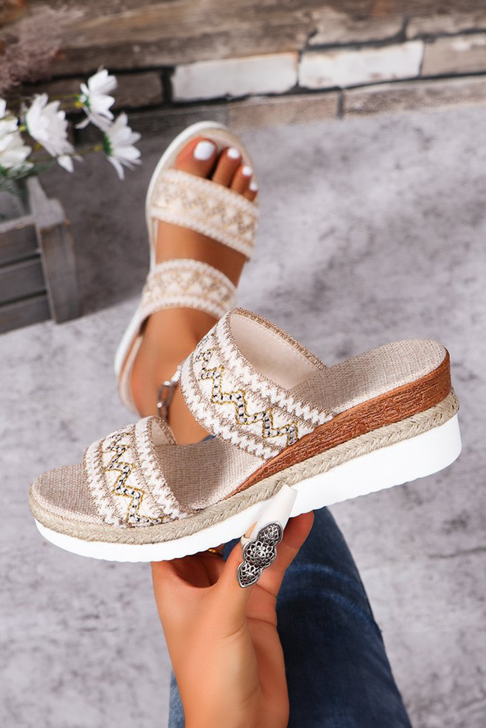 Multicolor Sequin Woven Wide Strap Wedge Shoes