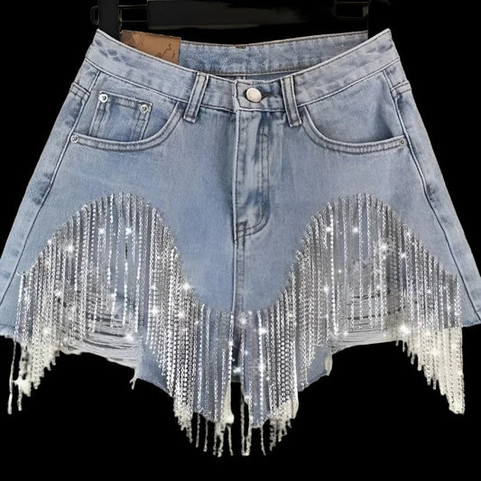 Tassel Rhinestone Denim Shorts