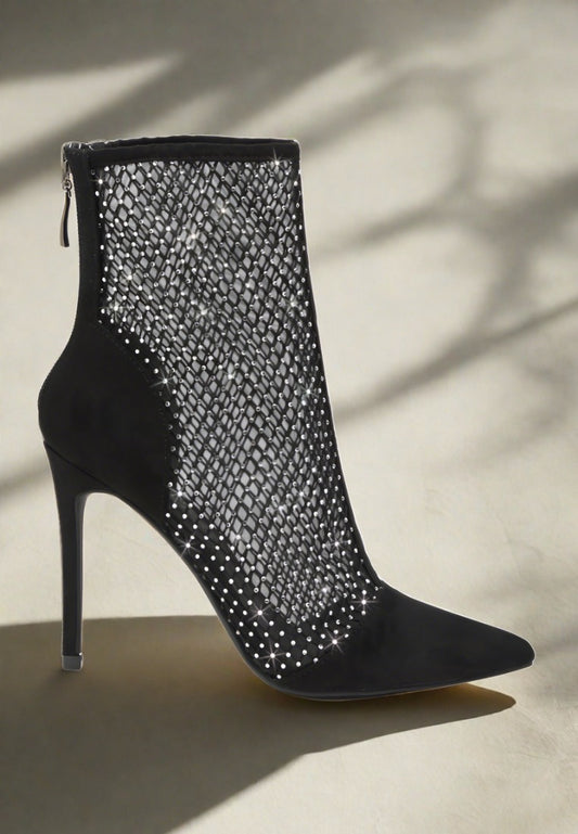 Cali Rhinestone Embellished Mesh Stiletto Boots