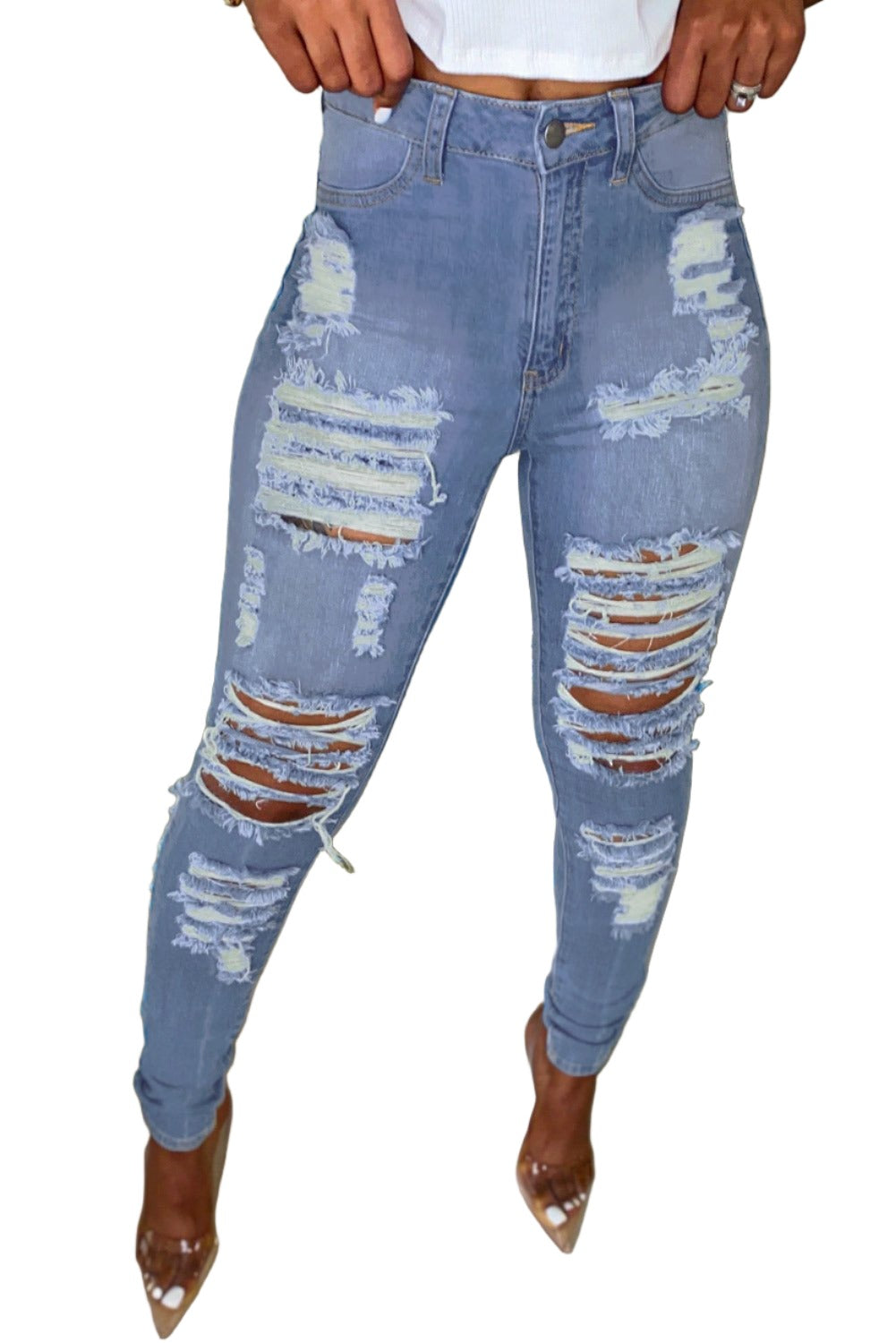 Light Blue Cut Out Distressed High Waisted Jeans