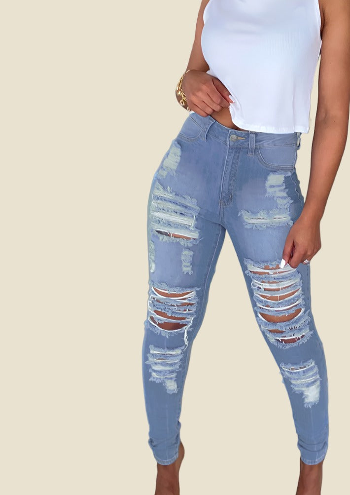 Light Blue Cut Out Distressed High Waisted Jeans