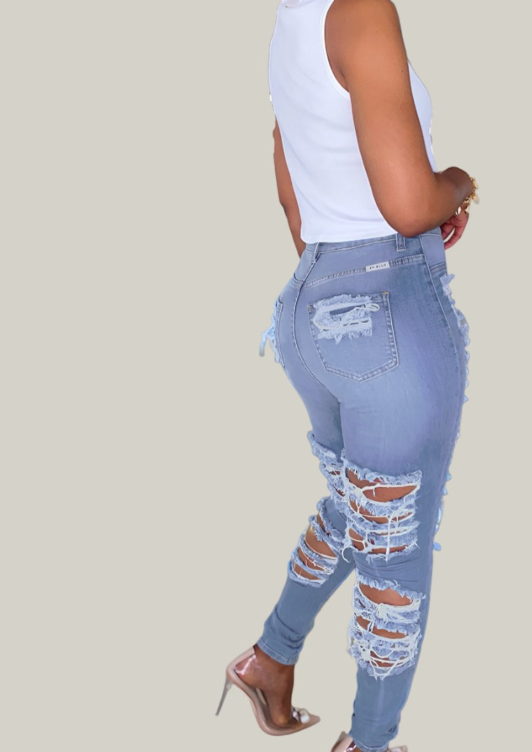 Light Blue Cut Out Distressed High Waisted Jeans