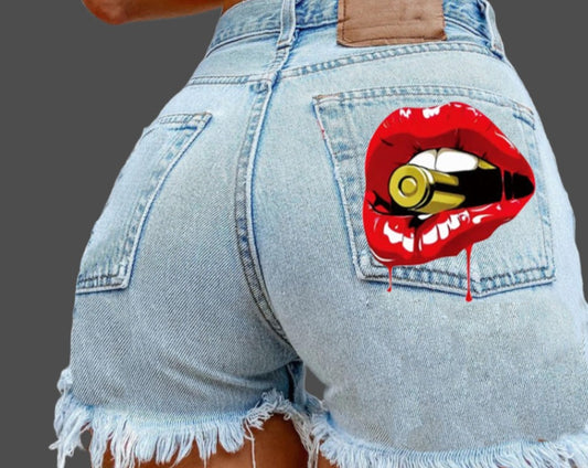 Sexy Red Lips Jeans Shorts.