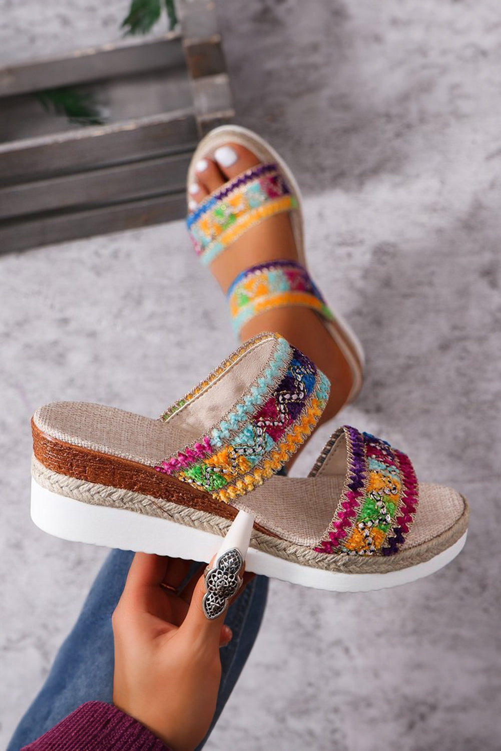 Multicolor Sequin Woven Wide Strap Wedge Shoes