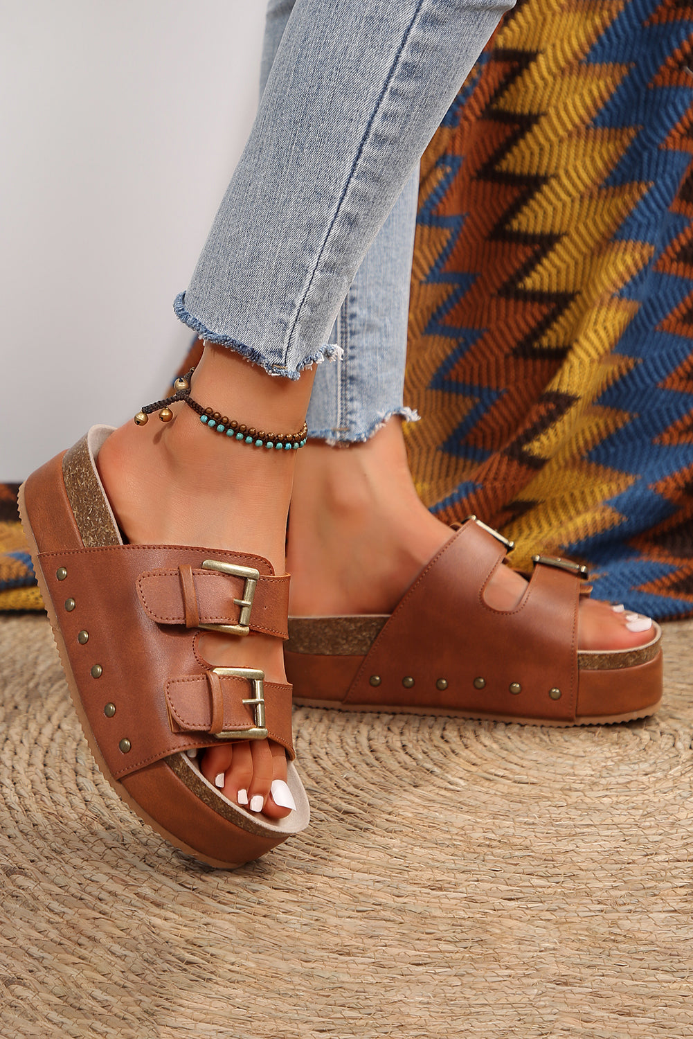 Ginger Dual Buckle Studded Platform Slides