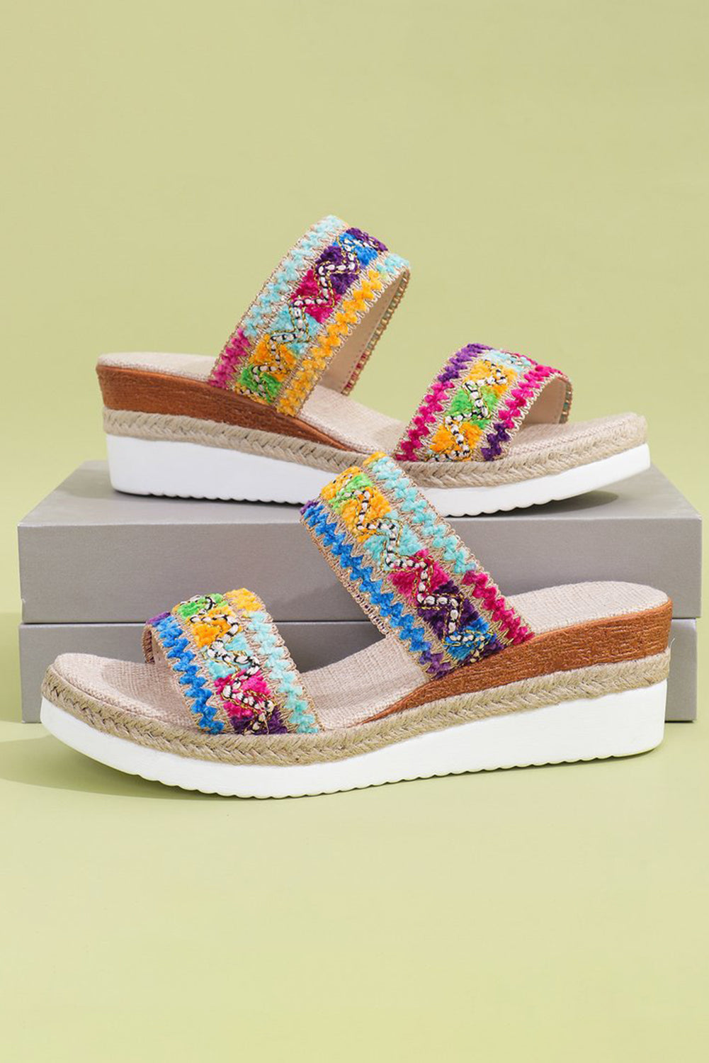 Multicolor Sequin Woven Wide Strap Wedge Shoes