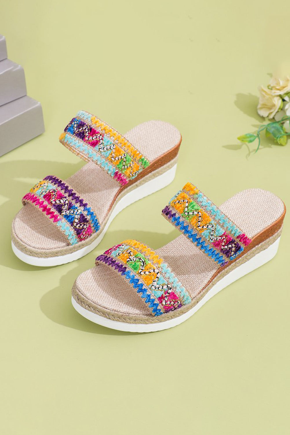 Multicolor Sequin Woven Wide Strap Wedge Shoes