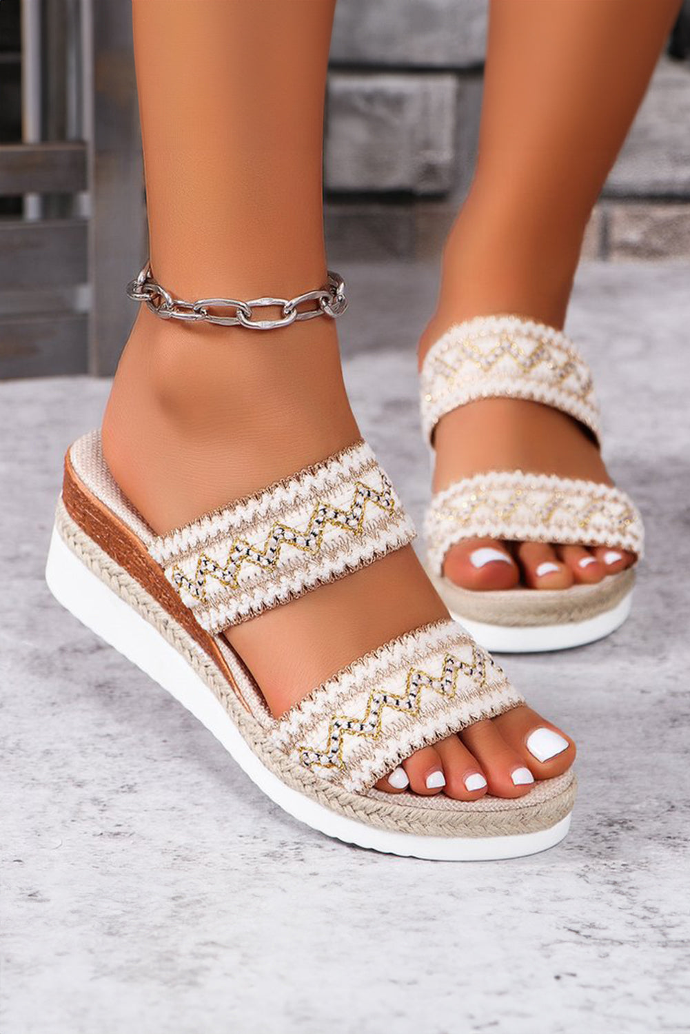 Multicolor Sequin Woven Wide Strap Wedge Shoes