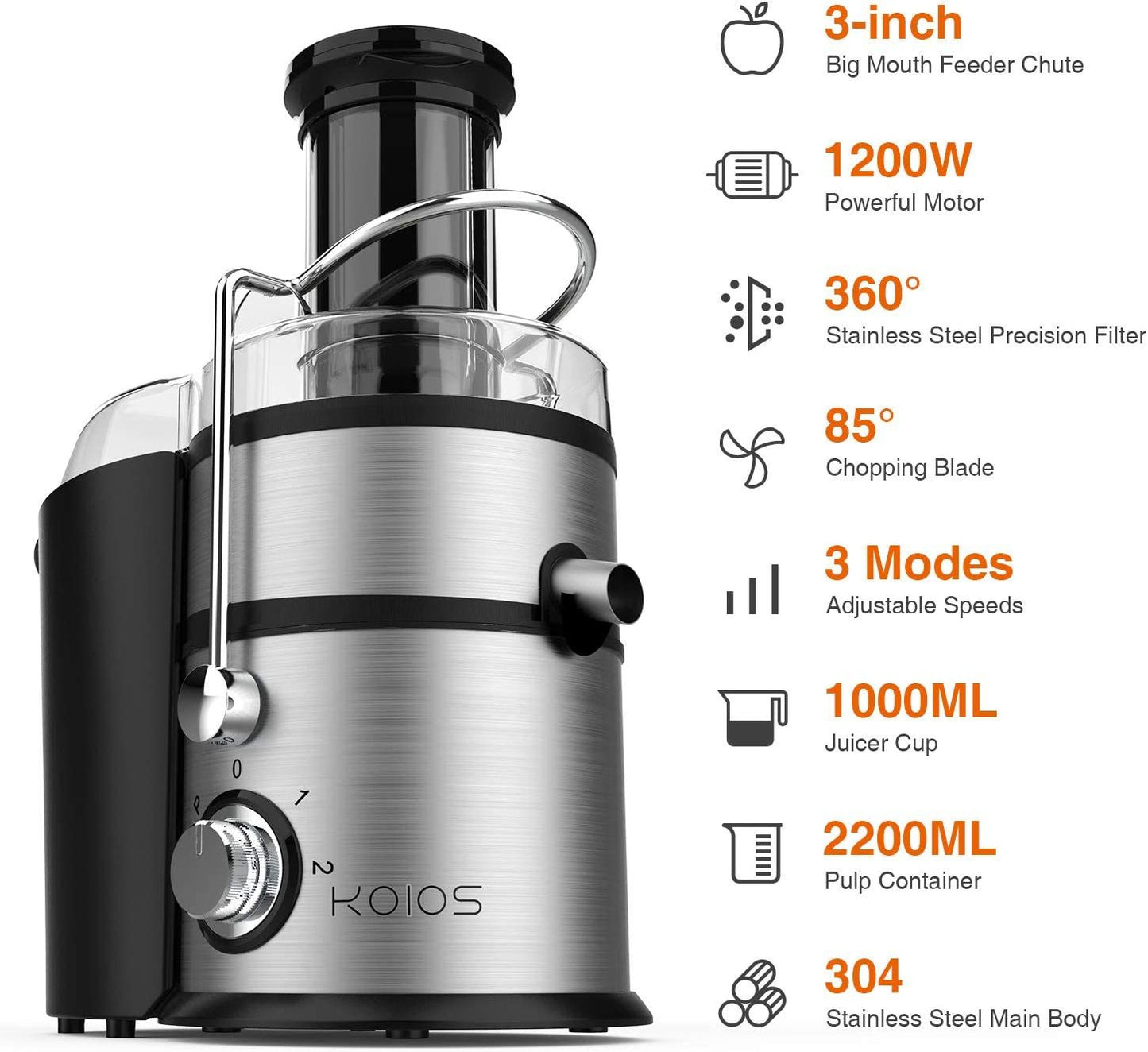 KOIOS Centrifugal Juicer Machines;  Juice Extractor with Extra Large 3inch Feed Chute Filter;  High Juice Yield for Fruits and Vegetables;  Easy to Clean;  100% BPA-Free;  1200W Dishwasher Safe