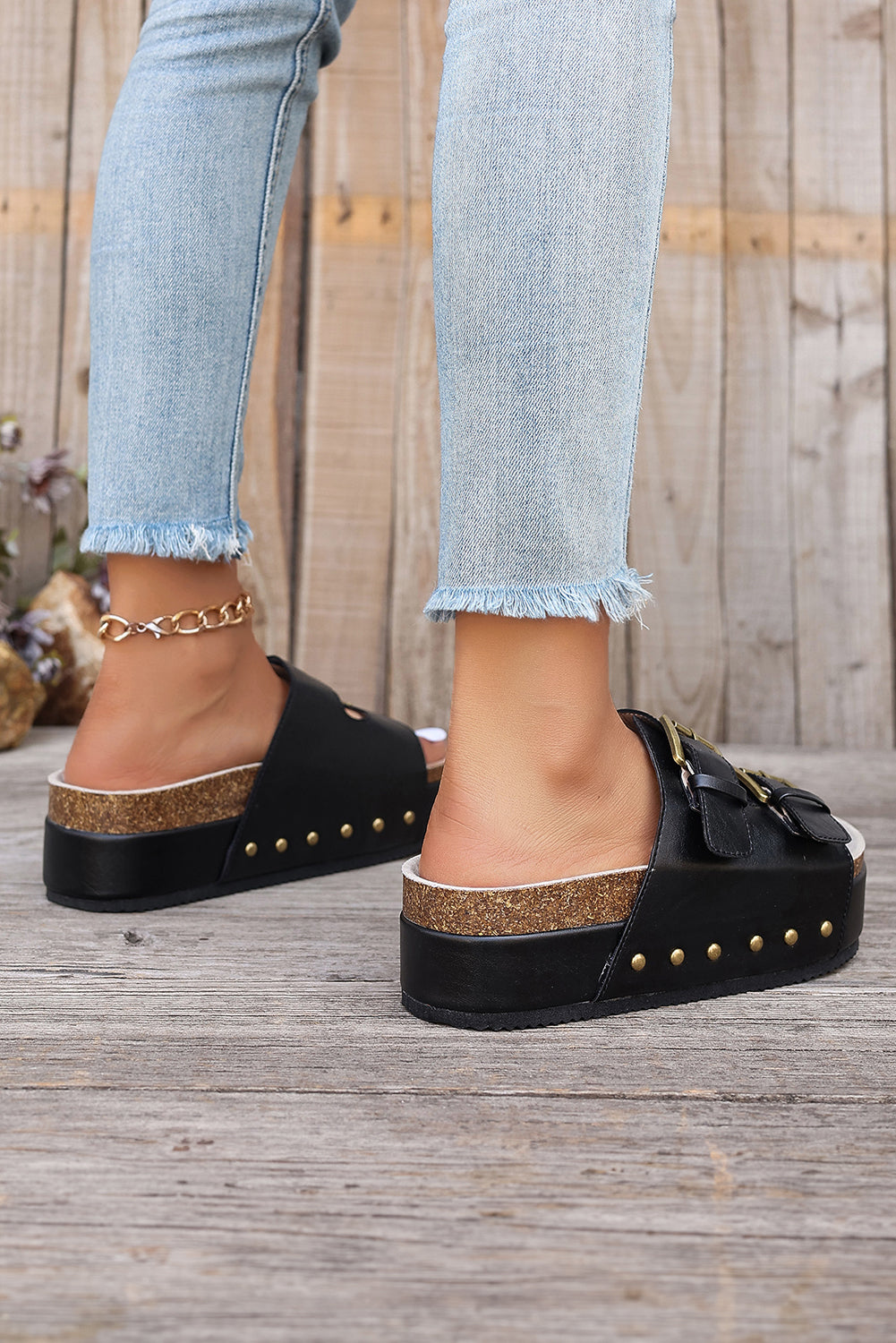 Ginger Dual Buckle Studded Platform Slides