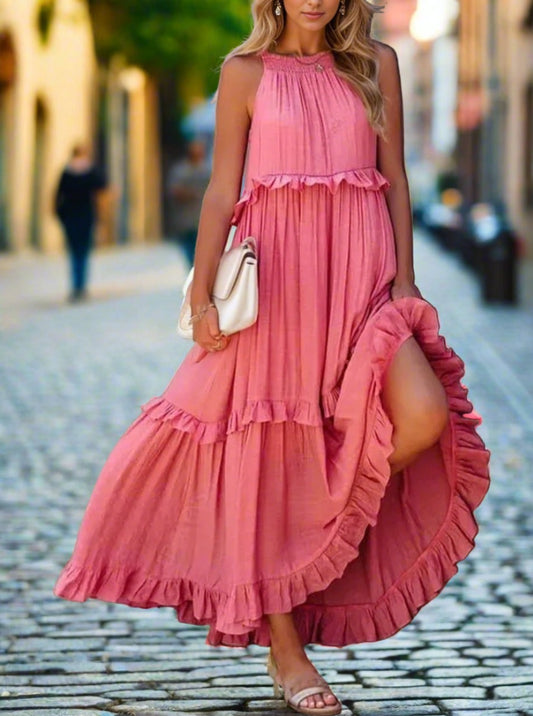 Ruffled Sleeveless Tiered Maxi Dress with Pockets