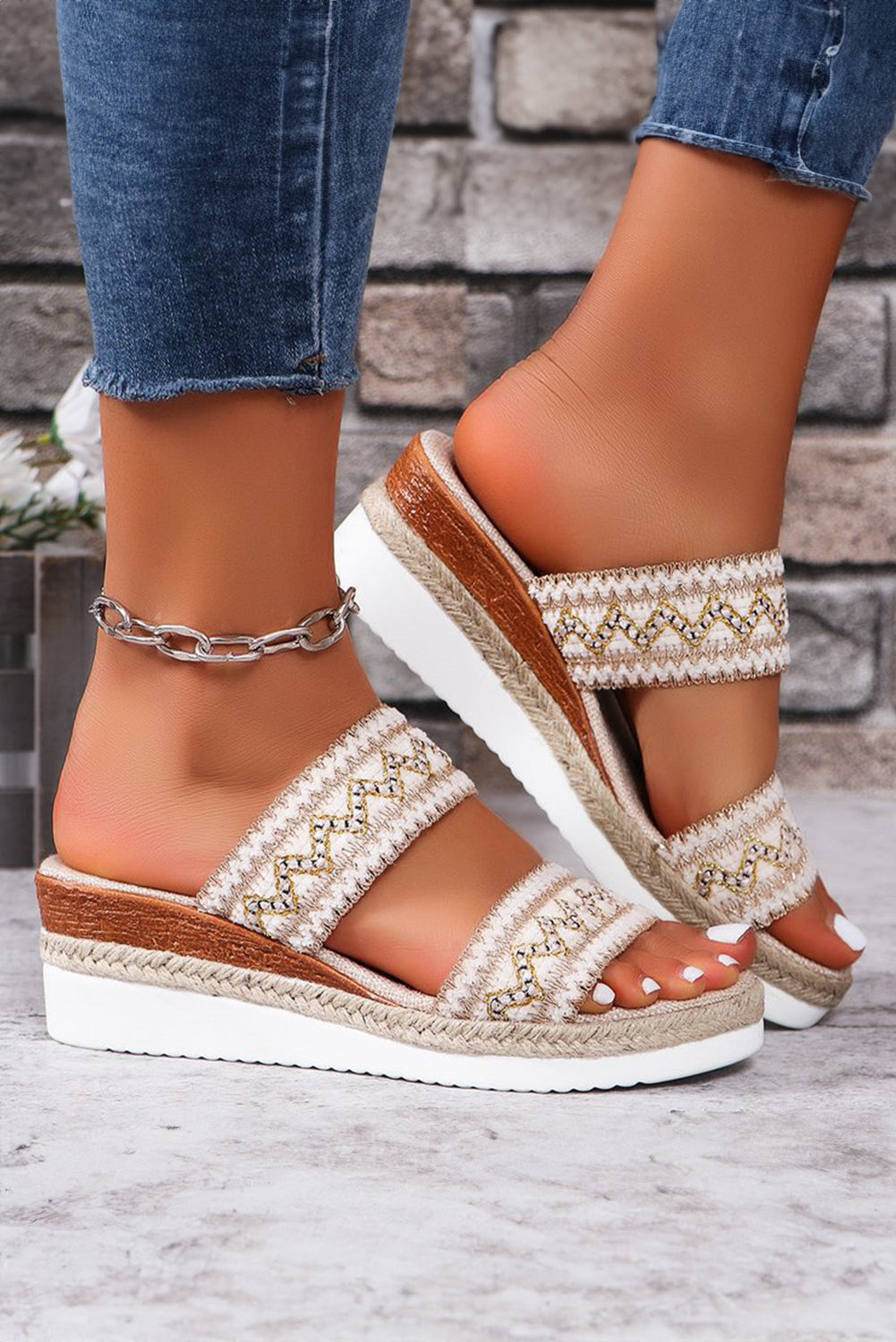 Multicolor Sequin Woven Wide Strap Wedge Shoes