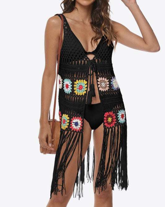 Openwork Fringe Detail Embroidery Sleeveless Cover-Up