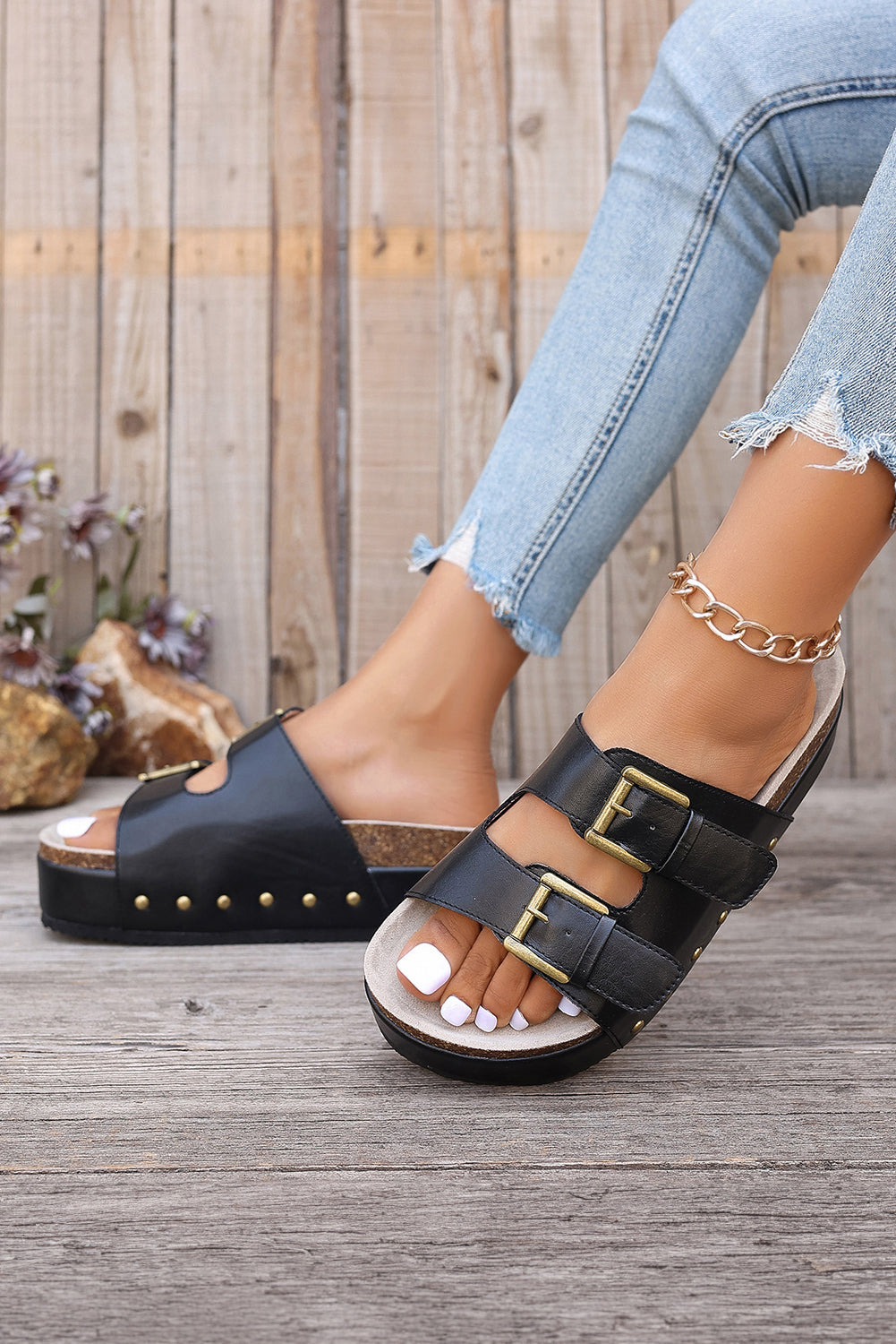 Ginger Dual Buckle Studded Platform Slides