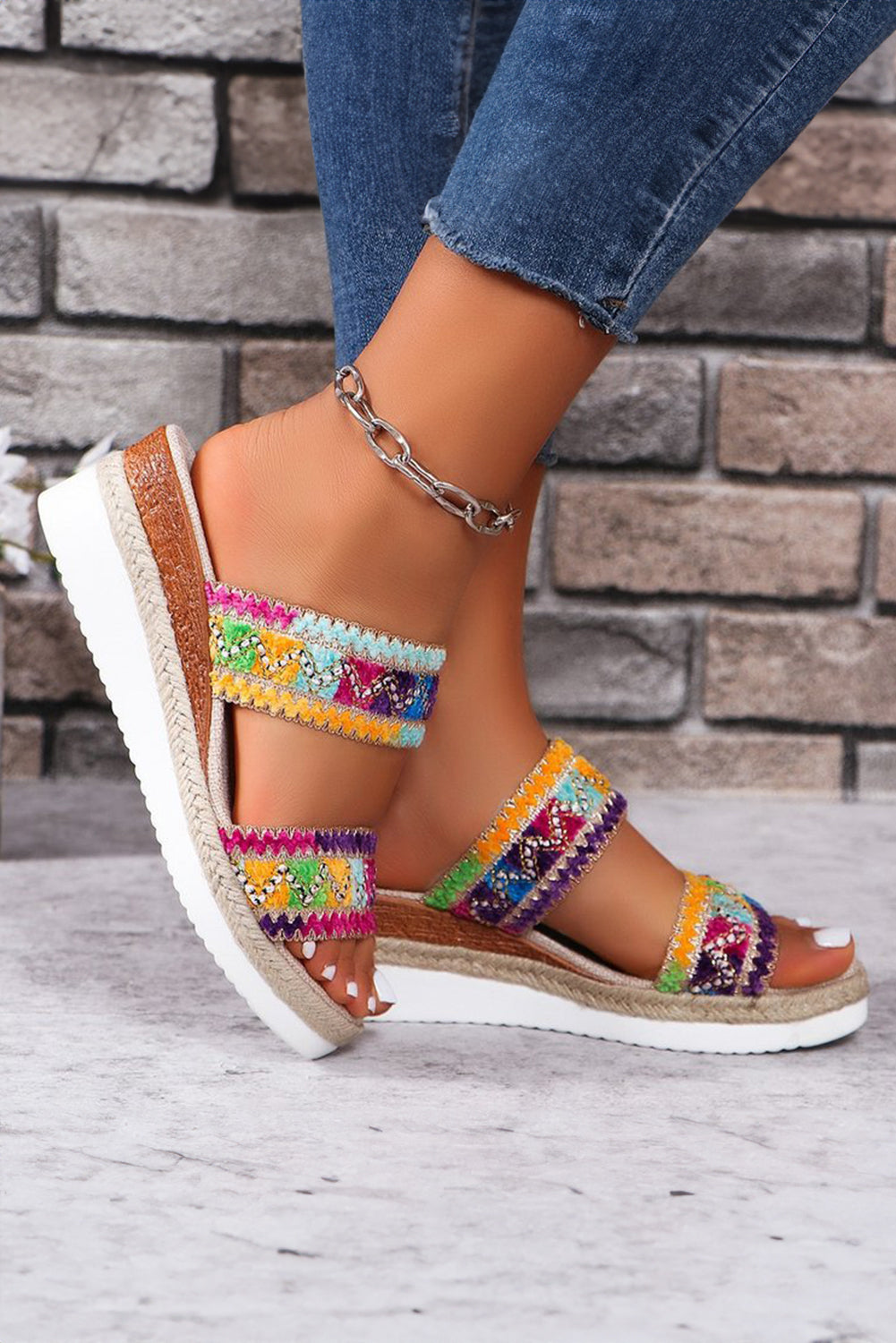 Multicolor Sequin Woven Wide Strap Wedge Shoes