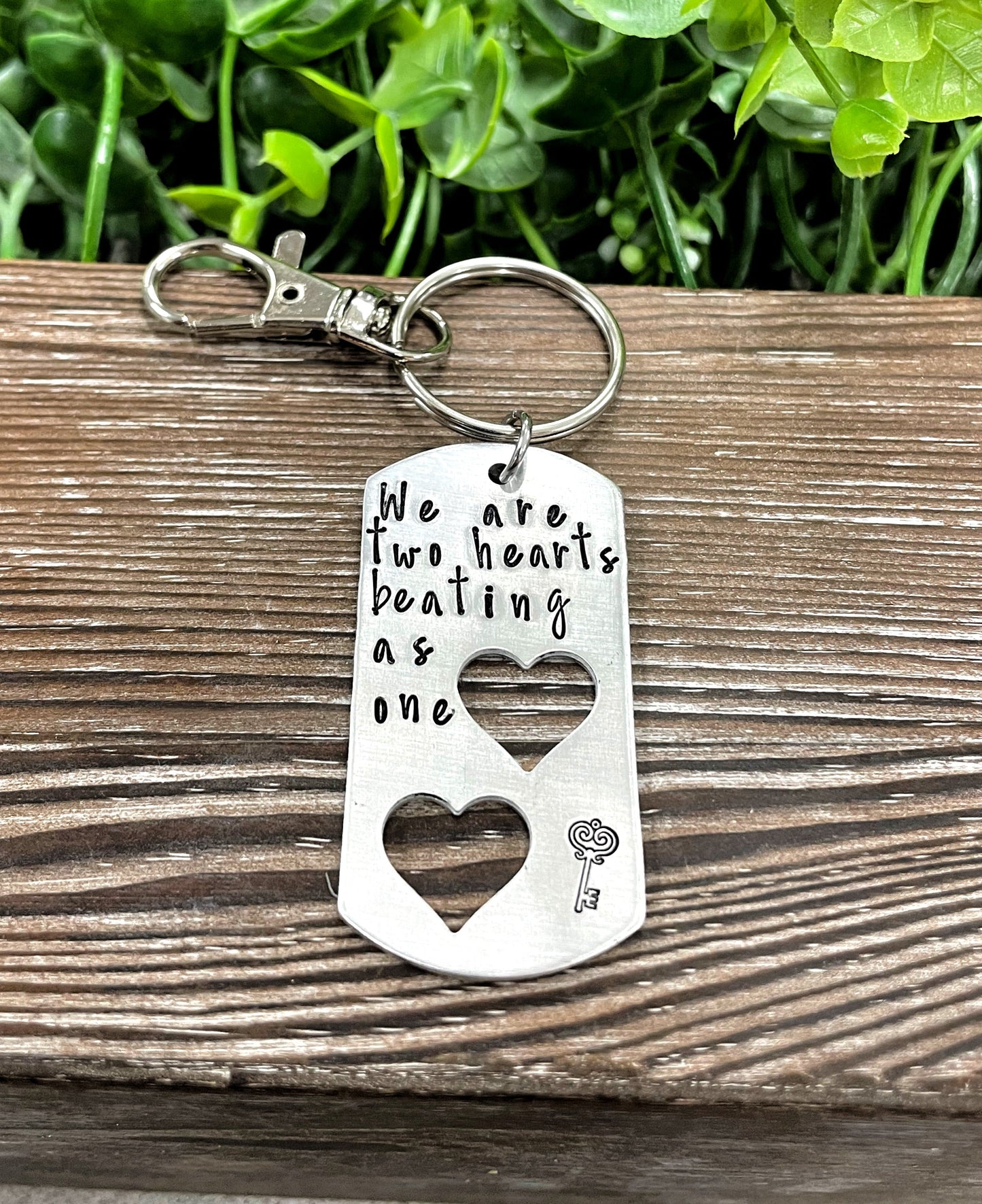 Two Hearts Beating as One Hand Stamped Key Chain Valentines Day Gift