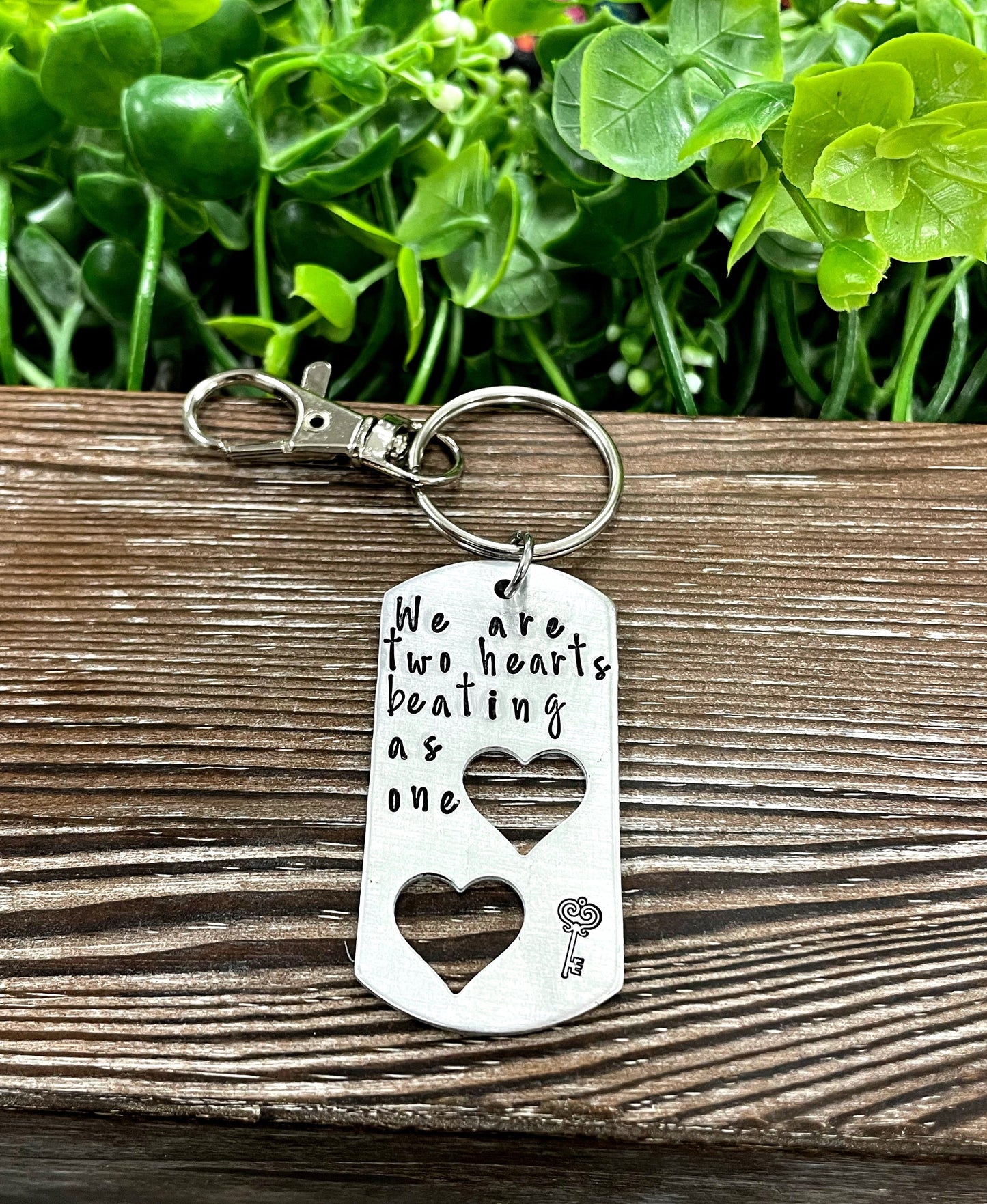 Two Hearts Beating as One Hand Stamped Key Chain Valentines Day Gift