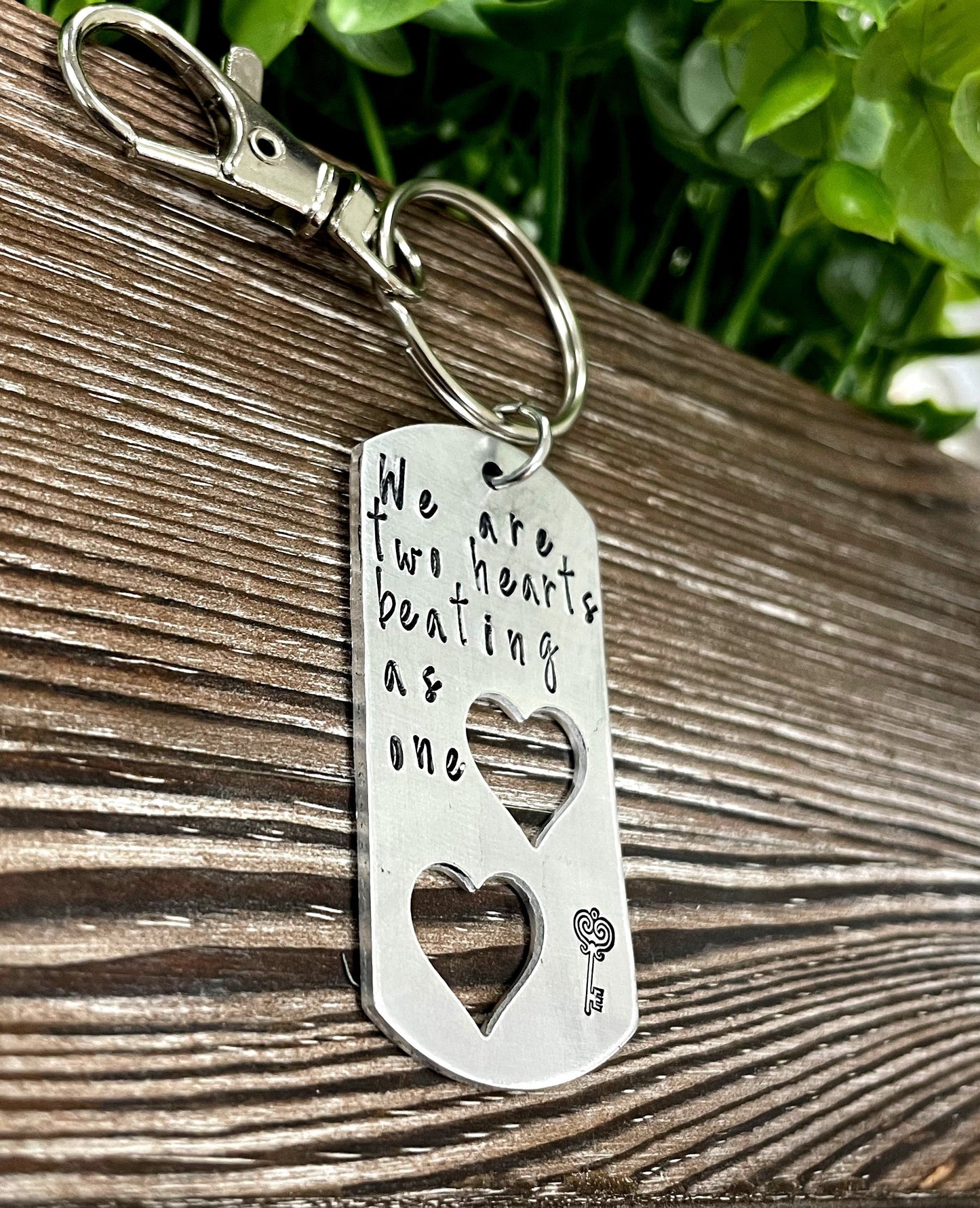 Two Hearts Beating as One Hand Stamped Key Chain Valentines Day Gift